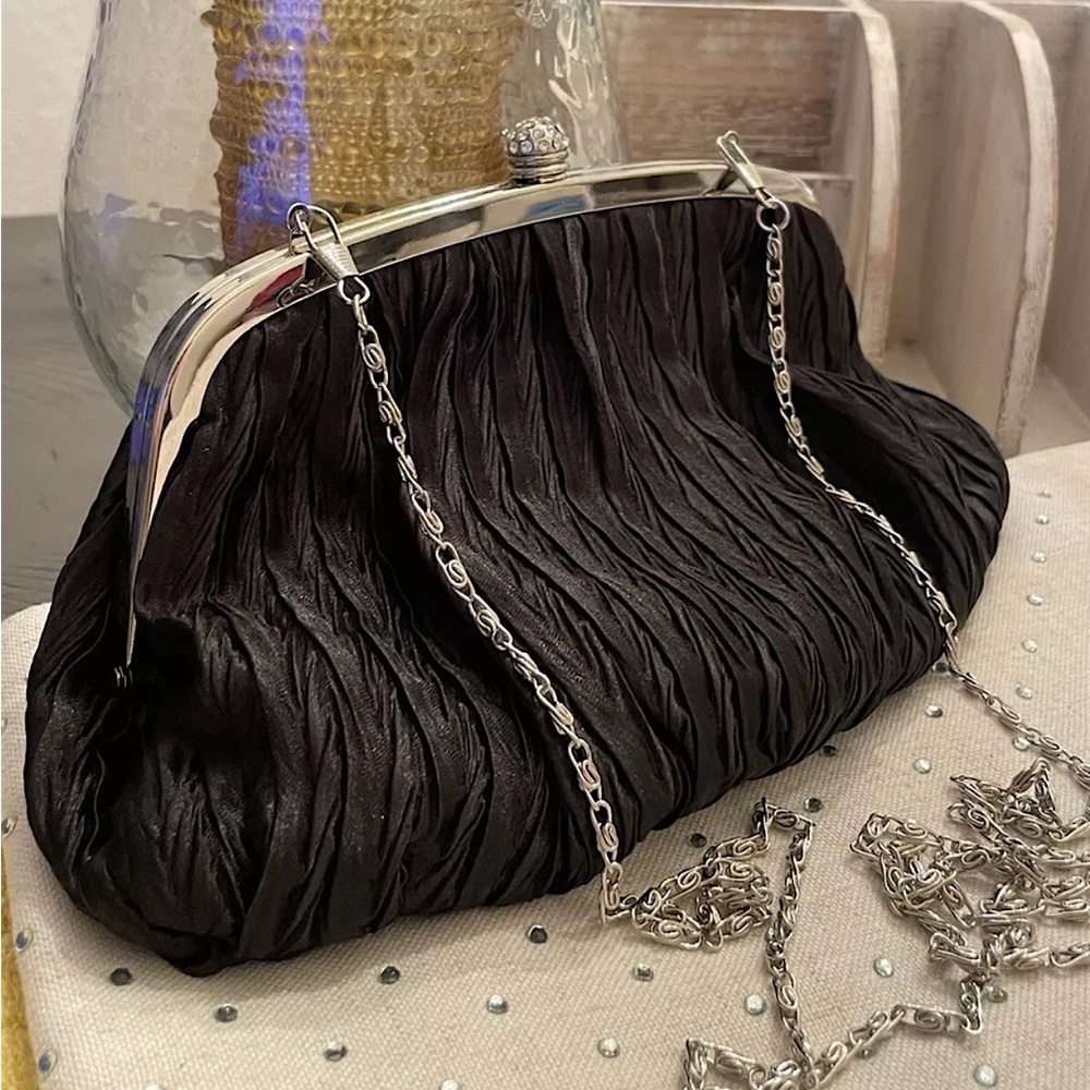 Vintage Neiman Marcus Black Silk Clutch Purse Silver Chain & Rhinestone Clasp